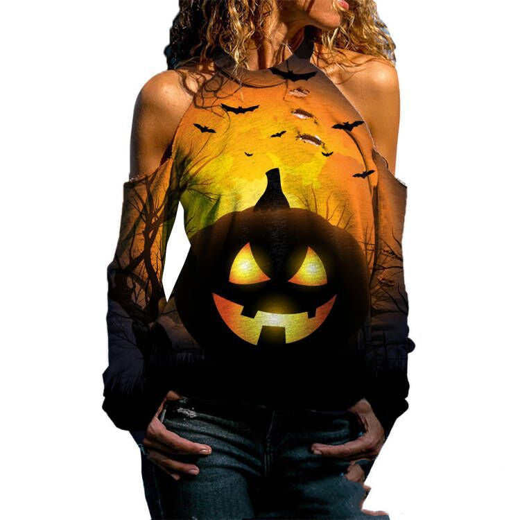 DiSandro Clothing: Women’s Off-Shoulder Halloween Print Loose-Fit T-Shirt