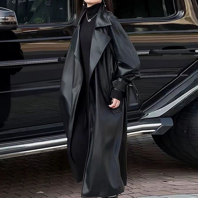 Women's Black Faux Leather Trench Coat